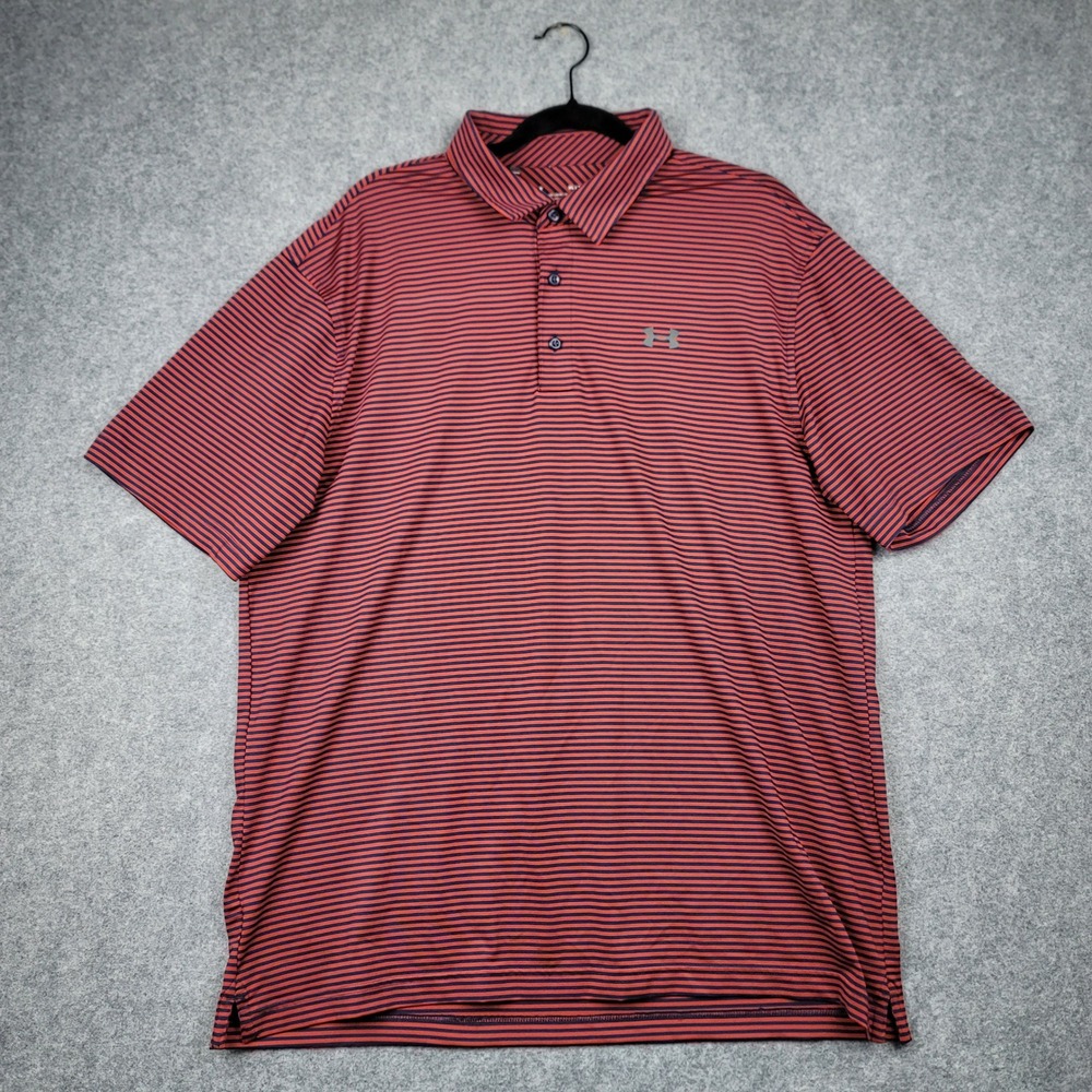 Under Armour HeatGear Polo Shirt Mens XL Red Navy Striped Loose Fit Short Sleeve